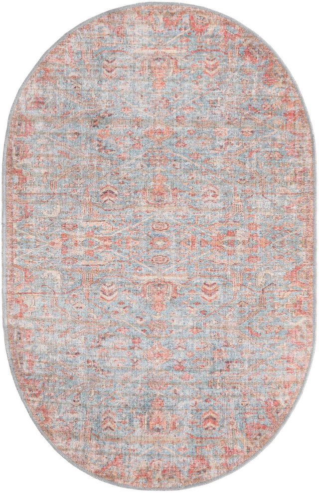 Washable Antique Blue 3' 11 x 6' Nostalgia Oval Area Rug Easy to Clean Stain Resistant & Durable Polyester Chenille Vintage Distressed Carpet for Sale at Rug Engine