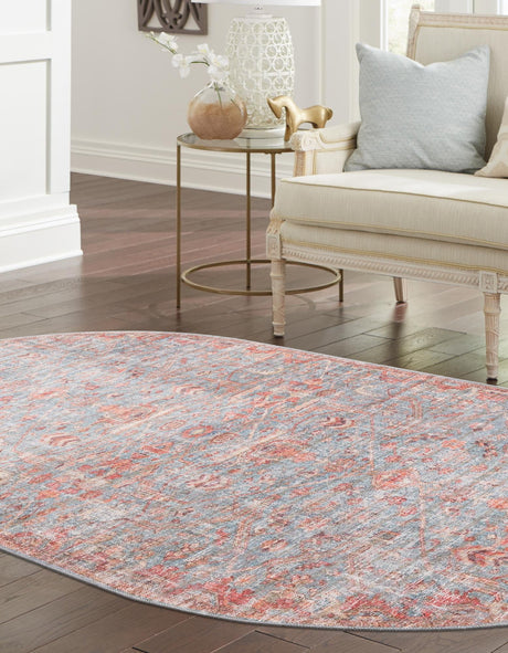 Washable Antique Blue 7' 10 x 10' Nostalgia Oval Area Rug Easy to Clean Stain Resistant & Durable Polyester Chenille Vintage Distressed Carpet for Sale at Rug Engine