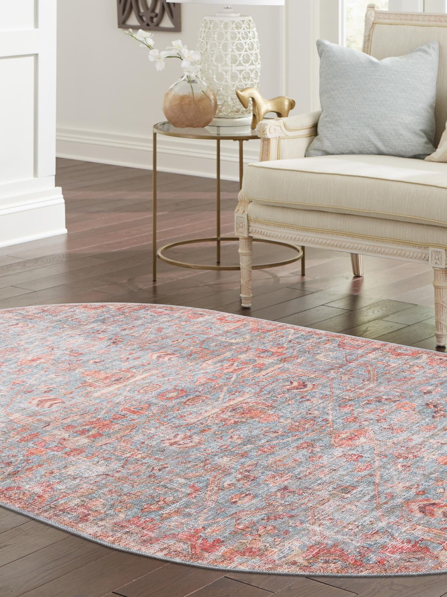 Washable Antique Blue 5' 3 x 8' Nostalgia Oval Area Rug Easy to Clean Stain Resistant & Durable Polyester Chenille Vintage Distressed Carpet for Sale at Rug Engine