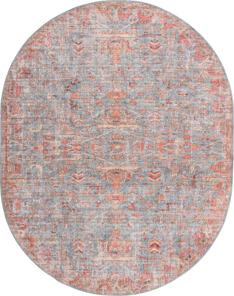 Washable Antique Blue 7' 10 x 10' Nostalgia Oval Area Rug Easy to Clean Stain Resistant & Durable Polyester Chenille Vintage Distressed Carpet for Sale at Rug Engine