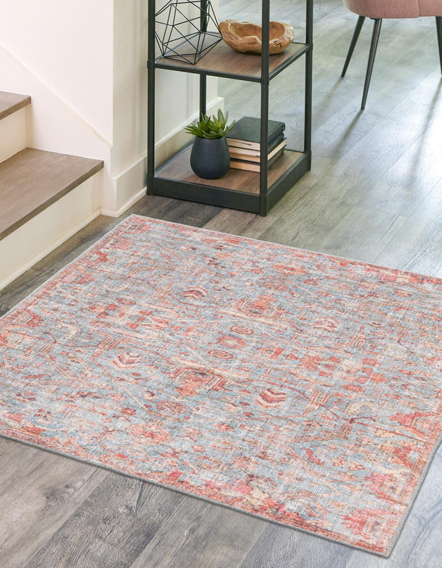 Washable Antique Blue 5' 3 x 5' 3 Nostalgia Washable Square Area Rug Easy to Clean Stain Resistant & Durable Polyester Chenille Vintage Distressed Carpet for Sale at Rug Engine