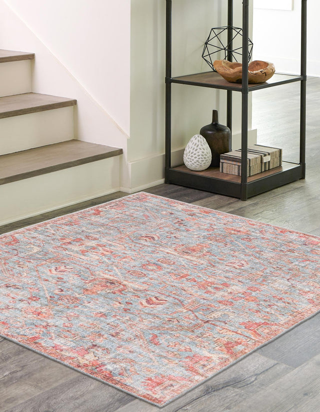 Washable Antique Blue 5' 3 x 5' 3 Nostalgia Washable Square Area Rug Easy to Clean Stain Resistant & Durable Polyester Chenille Vintage Distressed Carpet for Sale at Rug Engine