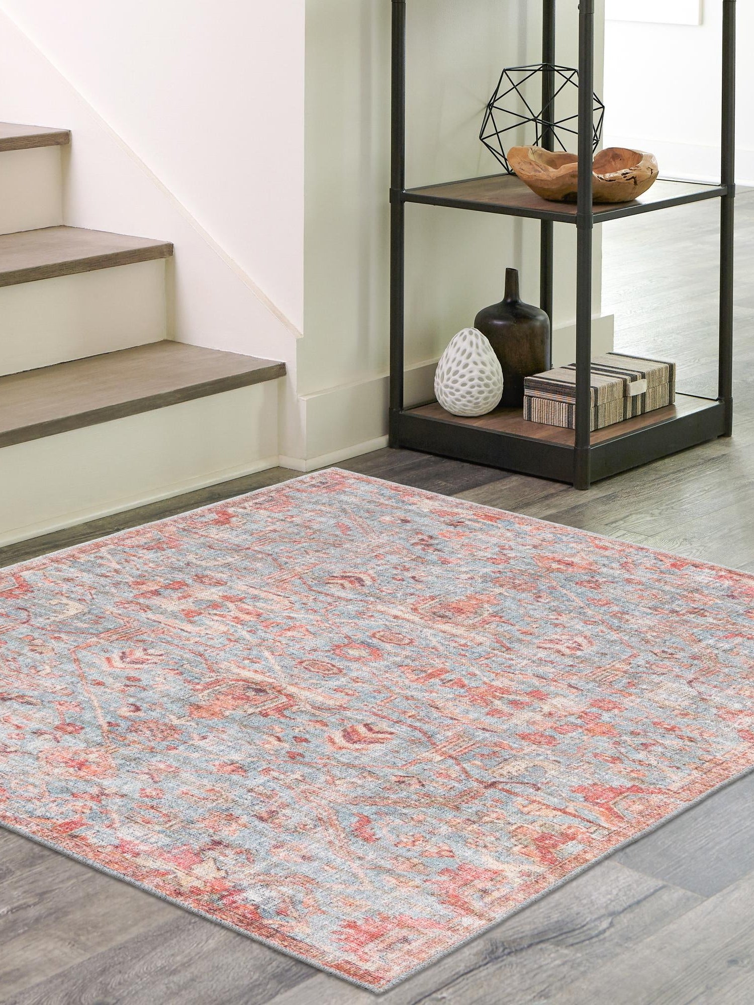 Washable Antique Blue 7' 3 x 7' 3 Nostalgia Square Area Rug Easy to Clean Stain Resistant & Durable Polyester Chenille Vintage Distressed Carpet for Sale at Rug Engine