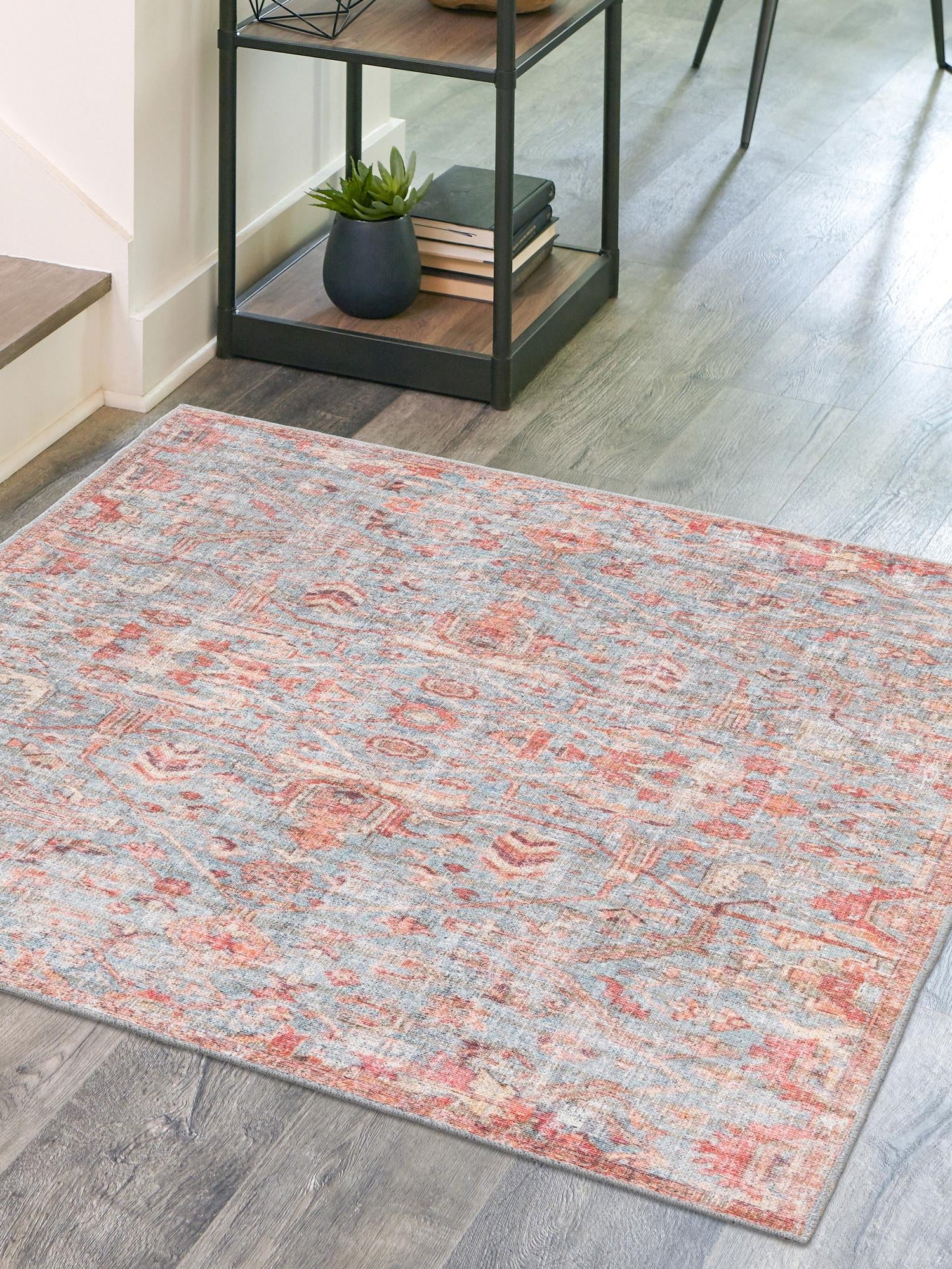 Washable Antique Blue 7' 10 x 7' 10 Nostalgia Square Area Rug Easy to Clean Stain Resistant & Durable Polyester Chenille Vintage Distressed Carpet for Sale at Rug Engine