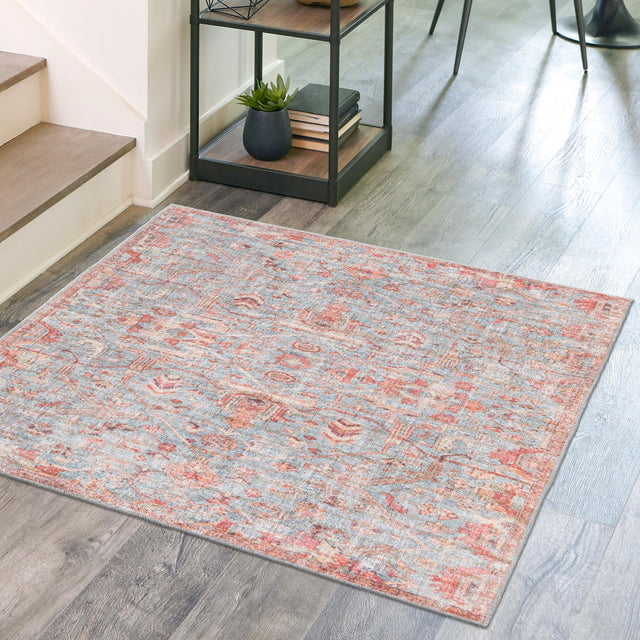 Washable Antique Blue 7' 10 x 7' 10 Nostalgia Square Area Rug Easy to Clean Stain Resistant & Durable Polyester Chenille Vintage Distressed Carpet for Sale at Rug Engine