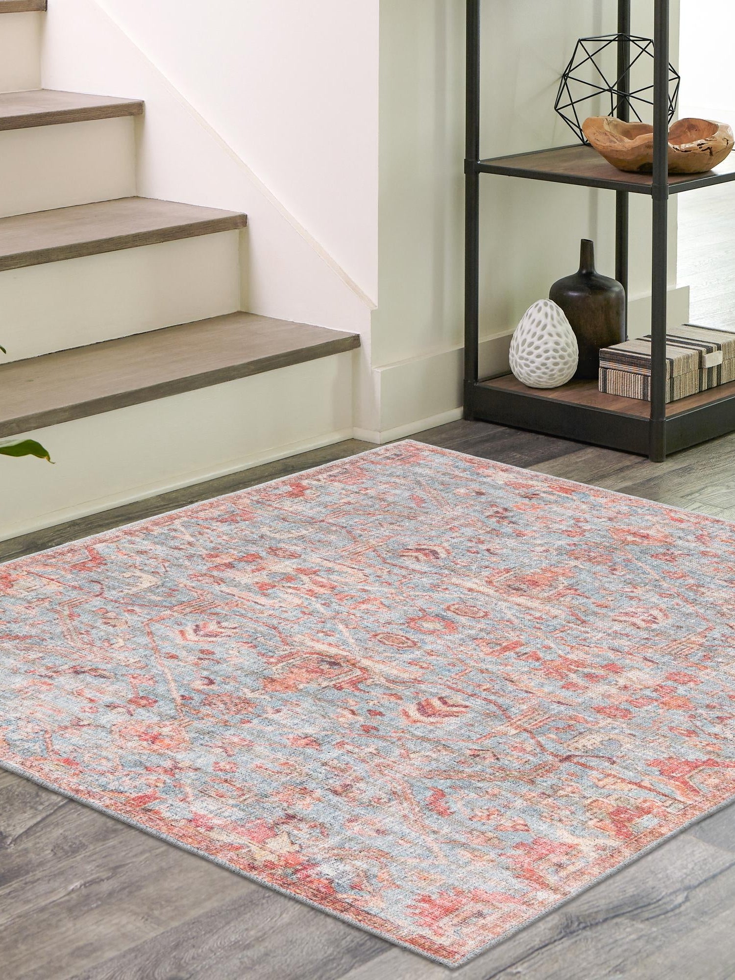 Washable Antique Blue 7' 10 x 7' 10 Nostalgia Square Area Rug Easy to Clean Stain Resistant & Durable Polyester Chenille Vintage Distressed Carpet for Sale at Rug Engine