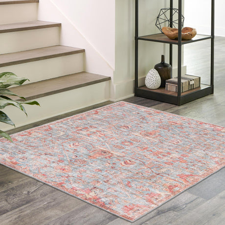 Washable Antique Blue 7' 10 x 7' 10 Nostalgia Square Area Rug Easy to Clean Stain Resistant & Durable Polyester Chenille Vintage Distressed Carpet for Sale at Rug Engine