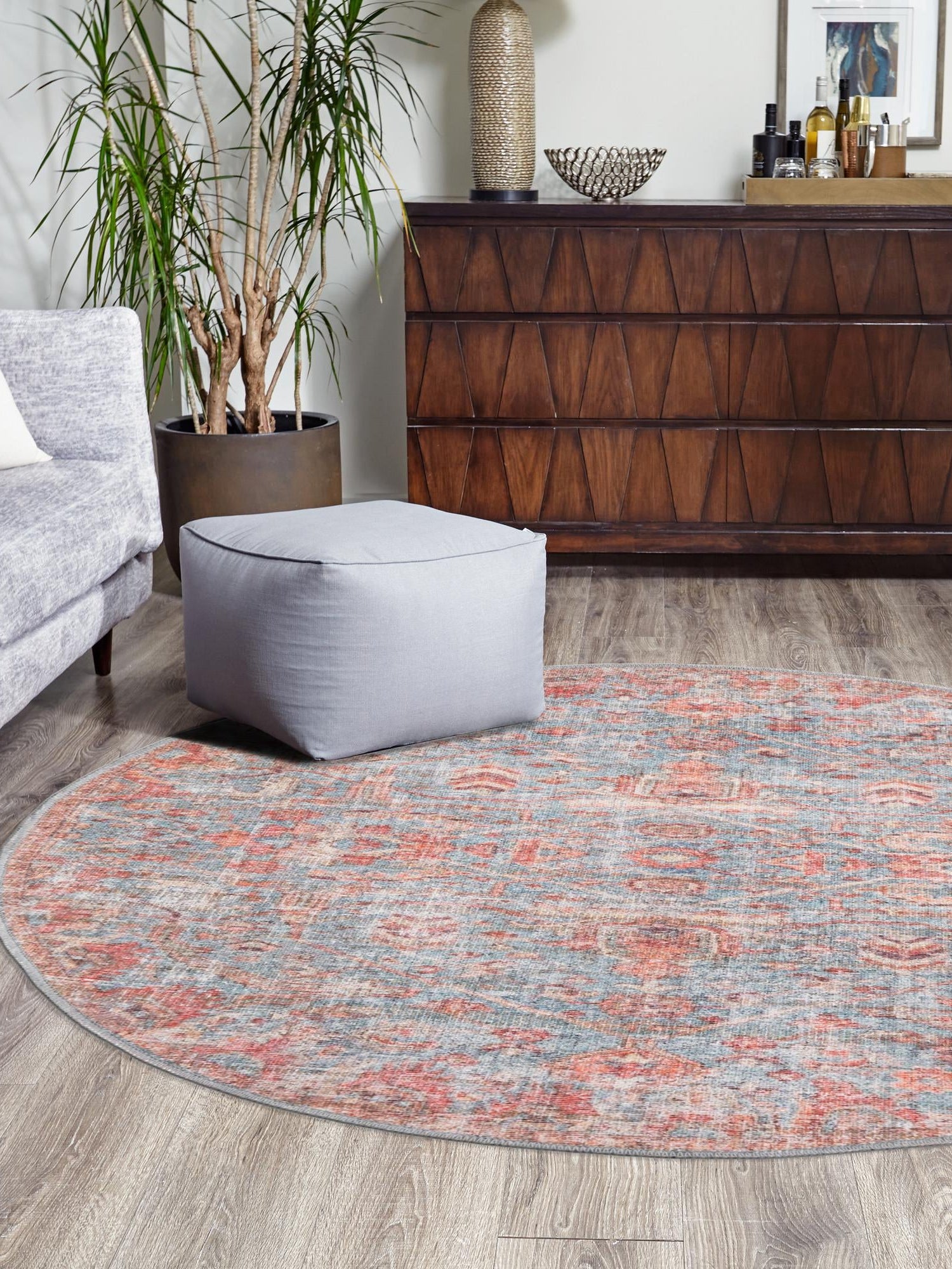 Washable Antique Blue 3' 11 x 3' 11 Nostalgia Round Area Rug Easy to Clean Stain Resistant & Durable Polyester Chenille Vintage Distressed Carpet for Sale at Rug Engine