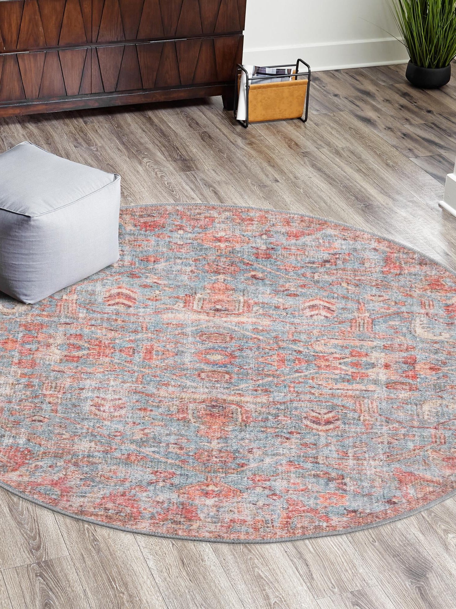 Washable Antique Blue 3' 11 x 3' 11 Nostalgia Round Area Rug Easy to Clean Stain Resistant & Durable Polyester Chenille Vintage Distressed Carpet for Sale at Rug Engine