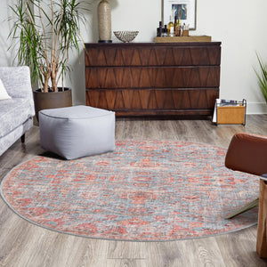 Washable Antique Blue 3' 11 x 3' 11 Nostalgia Round Area Rug Easy to Clean Stain Resistant & Durable Polyester Chenille Vintage Distressed Carpet for Sale at Rug Engine