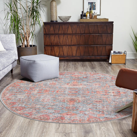 Washable Antique Blue 3' 11 x 3' 11 Nostalgia Round Area Rug Easy to Clean Stain Resistant & Durable Polyester Chenille Vintage Distressed Carpet for Sale at Rug Engine