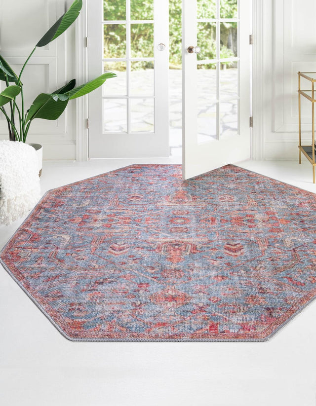 Washable Antique Blue 7' 10 x 7' 10 Nostalgia Octagon Area Rug Easy to Clean Stain Resistant & Durable Polyester Chenille Vintage Distressed Carpet for Sale at Rug Engine