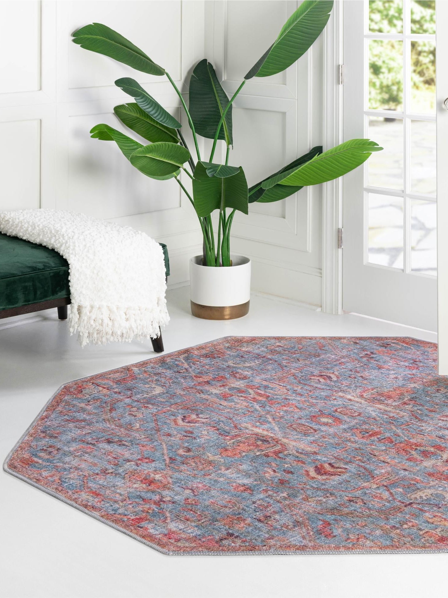 Washable Antique Blue 7' 10 x 7' 10 Nostalgia Octagon Area Rug Easy to Clean Stain Resistant & Durable Polyester Chenille Vintage Distressed Carpet for Sale at Rug Engine