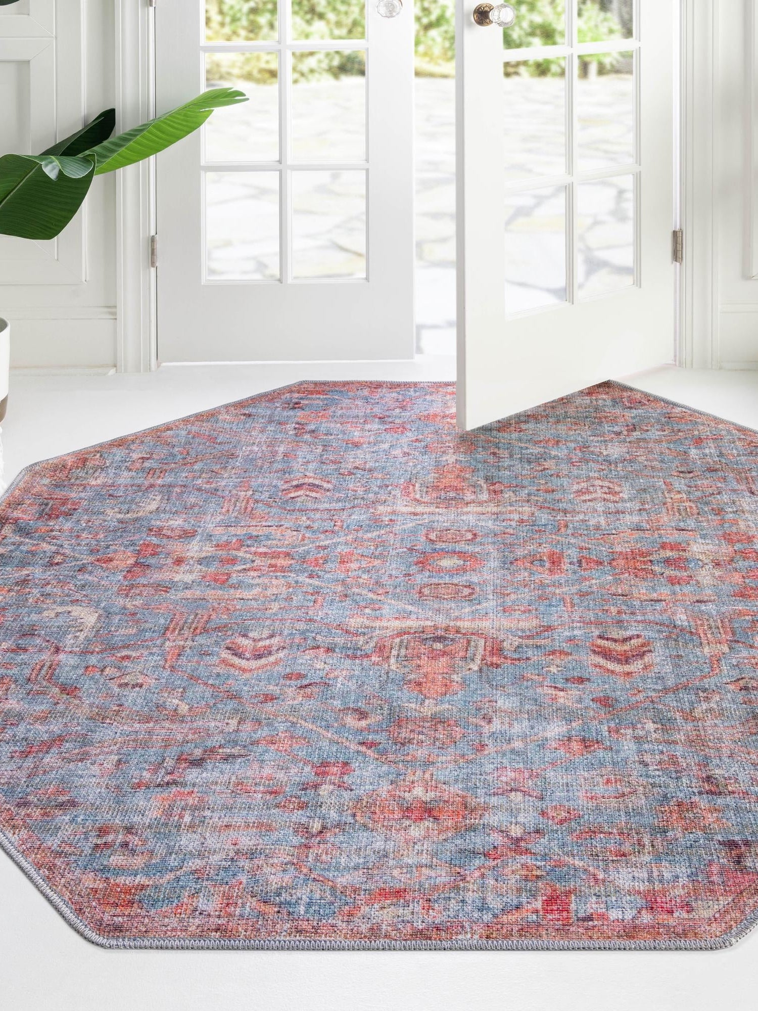 Washable Antique Blue 7' 10 x 7' 10 Nostalgia Octagon Area Rug Easy to Clean Stain Resistant & Durable Polyester Chenille Vintage Distressed Carpet for Sale at Rug Engine