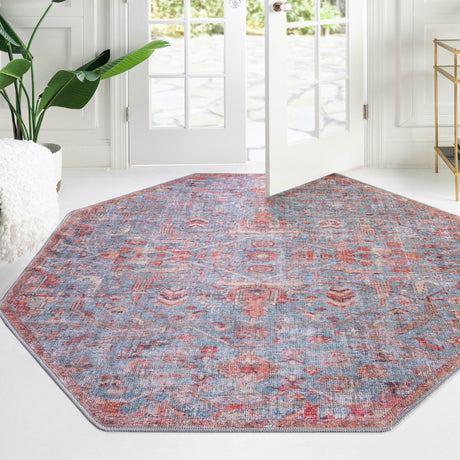 Washable Antique Blue 7' 10 x 7' 10 Nostalgia Octagon Area Rug Easy to Clean Stain Resistant & Durable Polyester Chenille Vintage Distressed Carpet for Sale at Rug Engine