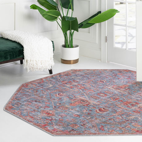 Washable Antique Blue 5' 3 x 5' 3 Nostalgia Octagon Area Rug Easy to Clean Stain Resistant & Durable Polyester Chenille Vintage Distressed Carpet for Sale at Rug Engine