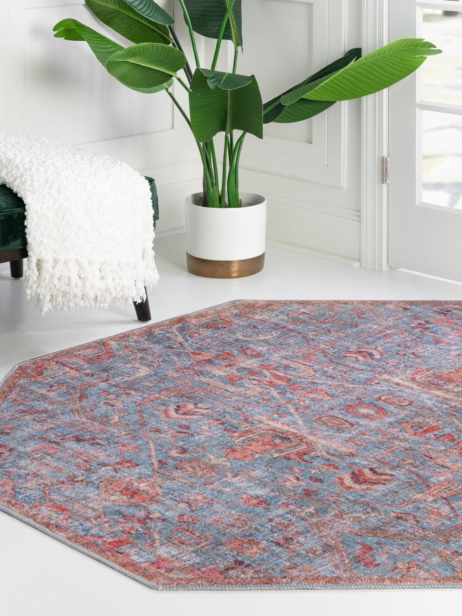 Washable Antique Blue 7' 10 x 7' 10 Nostalgia Octagon Area Rug Easy to Clean Stain Resistant & Durable Polyester Chenille Vintage Distressed Carpet for Sale at Rug Engine