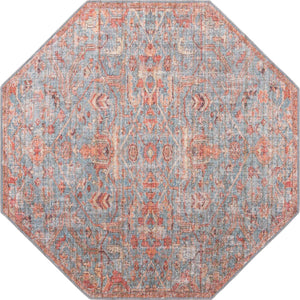 Washable Antique Blue 7' 10 x 7' 10 Nostalgia Octagon Area Rug Easy to Clean Stain Resistant & Durable Polyester Chenille Vintage Distressed Carpet for Sale at Rug Engine
