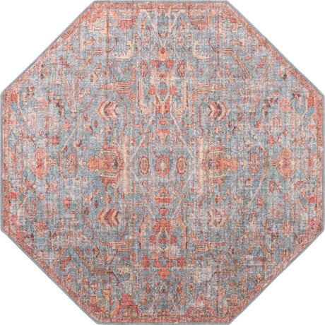Washable Antique Blue 7' 10 x 7' 10 Nostalgia Octagon Area Rug Easy to Clean Stain Resistant & Durable Polyester Chenille Vintage Distressed Carpet for Sale at Rug Engine
