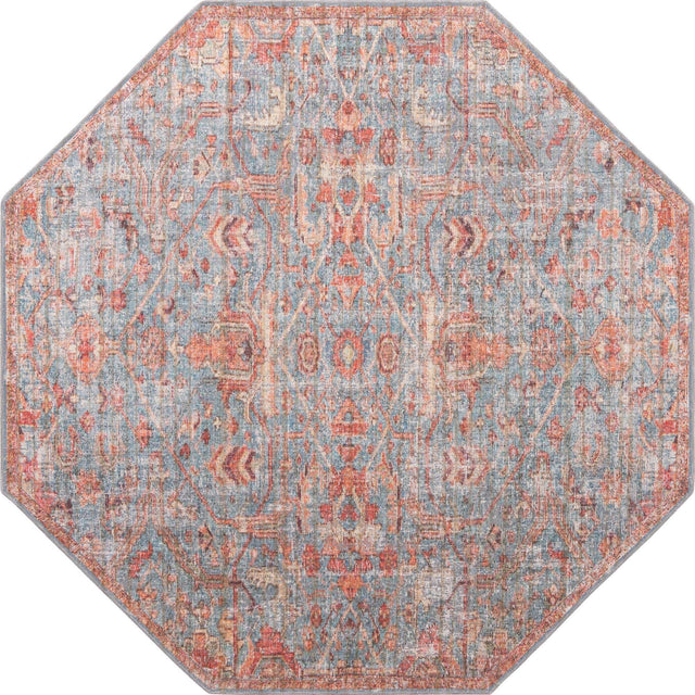 Washable Antique Blue 7' 10 x 7' 10 Nostalgia Octagon Area Rug Easy to Clean Stain Resistant & Durable Polyester Chenille Vintage Distressed Carpet for Sale at Rug Engine