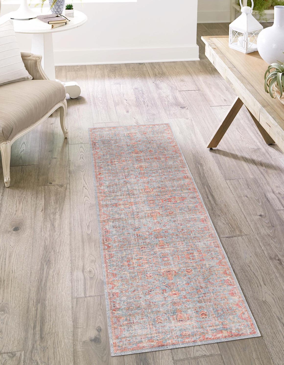 Washable Antique Blue 2' x 6' Nostalgia Runner Area Rug Easy to Clean Stain Resistant & Durable Polyester Chenille Vintage Distressed Carpet for Sale at Rug Engine