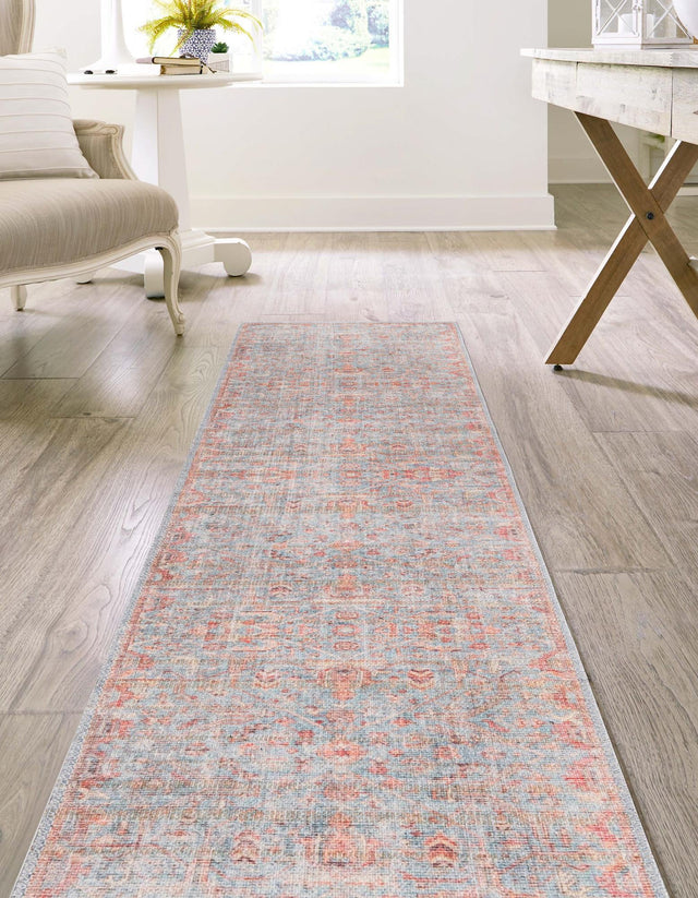 Washable Antique Blue 2' x 7' 10 Nostalgia Runner Area Rug Easy to Clean Stain Resistant & Durable Polyester Chenille Vintage Distressed Carpet for Sale at Rug Engine