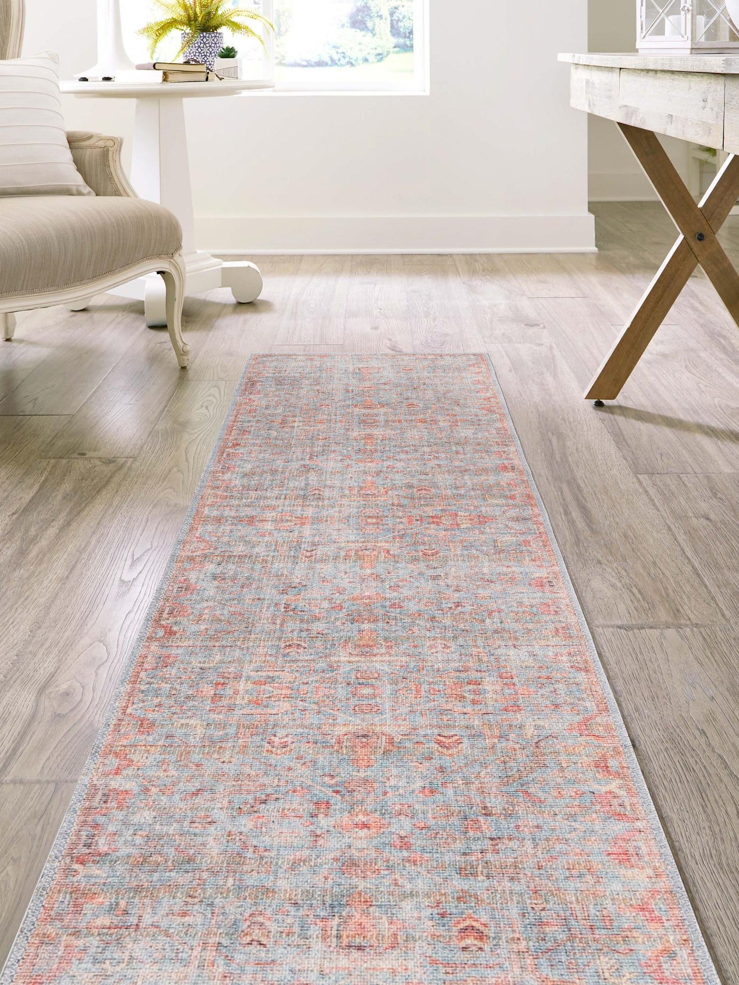 Washable Antique Blue 2' x 10' Nostalgia Runner Area Rug Easy to Clean Stain Resistant & Durable Polyester Chenille Vintage Distressed Carpet for Sale at Rug Engine