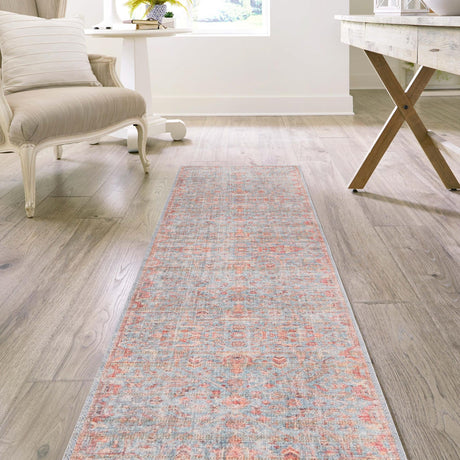 Washable Antique Blue 2' x 5' Nostalgia Runner Area Rug Easy to Clean Stain Resistant & Durable Polyester Chenille Vintage Distressed Carpet for Sale at Rug Engine