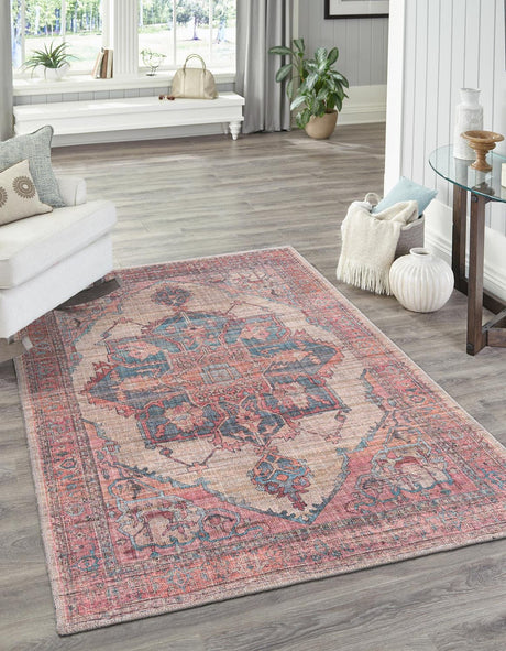 Washable Antique Beige 6' x 9' Nostalgia Washable Rectangle Area Rug Easy to Clean Stain Resistant & Durable Polyester Chenille Vintage Distressed Carpet for Sale at Rug Engine
