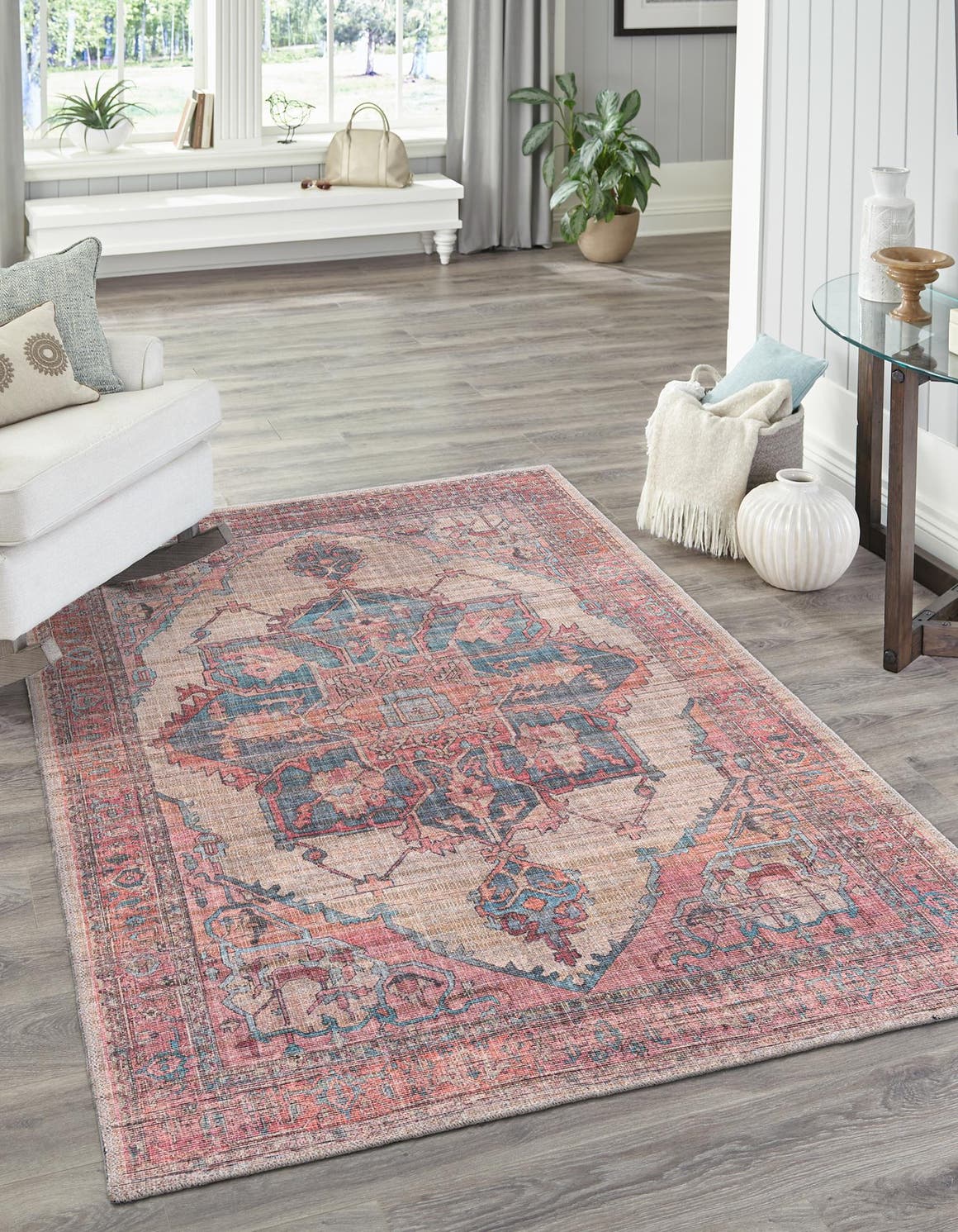 Washable Antique Beige 7' 10 x 10' Nostalgia Rectangle Area Rug Easy to Clean Stain Resistant & Durable Polyester Chenille Vintage Distressed Carpet for Sale at Rug Engine