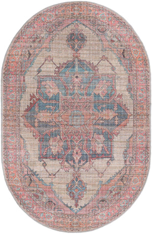 Washable Antique Beige 3' 11 x 6' Nostalgia Oval Area Rug Easy to Clean Stain Resistant & Durable Polyester Chenille Vintage Distressed Carpet for Sale at Rug Engine