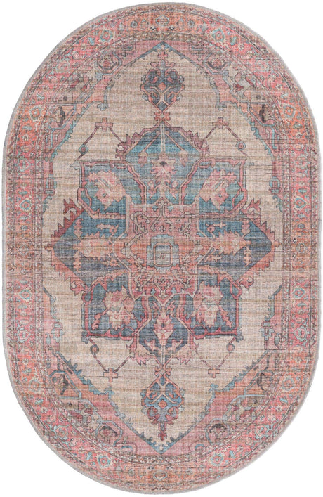 Washable Antique Beige 3' 11 x 6' Nostalgia Oval Area Rug Easy to Clean Stain Resistant & Durable Polyester Chenille Vintage Distressed Carpet for Sale at Rug Engine