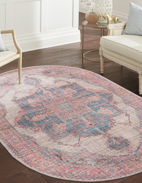 Washable Antique Beige 3' 11 x 6' Nostalgia Oval Area Rug Easy to Clean Stain Resistant & Durable Polyester Chenille Vintage Distressed Carpet for Sale at Rug Engine