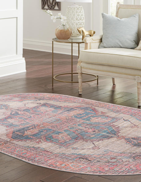 Washable Antique Beige 3' 11 x 6' Nostalgia Oval Area Rug Easy to Clean Stain Resistant & Durable Polyester Chenille Vintage Distressed Carpet for Sale at Rug Engine