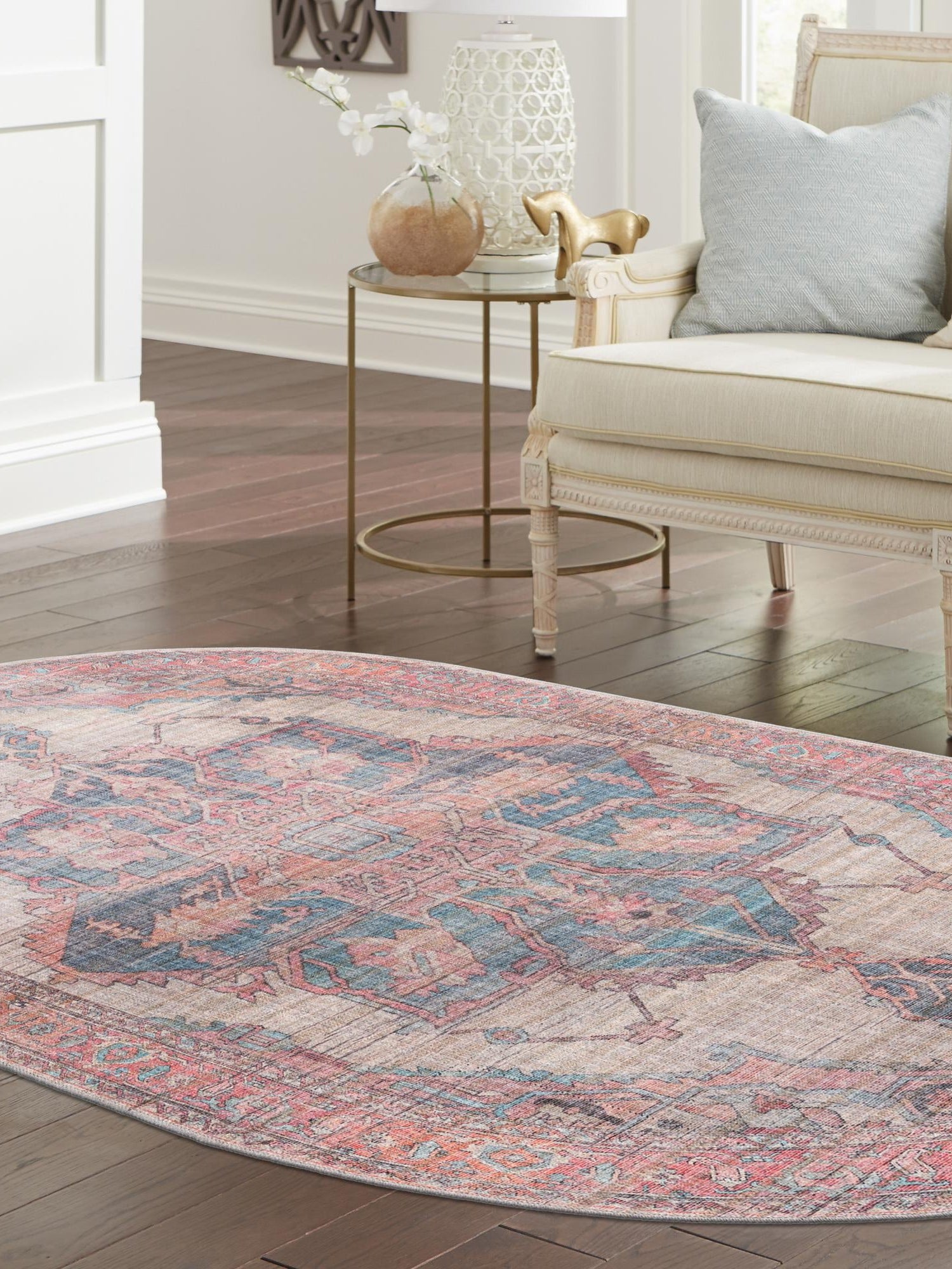 Washable Antique Beige 7' 10 x 10' Nostalgia Oval Area Rug Easy to Clean Stain Resistant & Durable Polyester Chenille Vintage Distressed Carpet for Sale at Rug Engine
