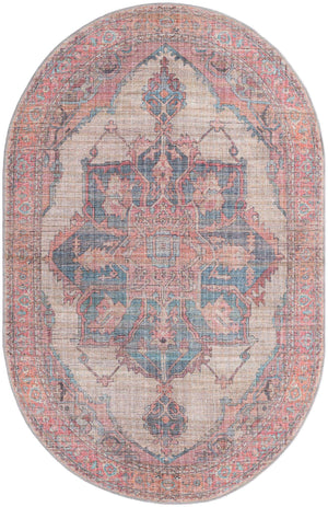 Washable Antique Beige 5' 3 x 8' Nostalgia Oval Area Rug Easy to Clean Stain Resistant & Durable Polyester Chenille Vintage Distressed Carpet for Sale at Rug Engine