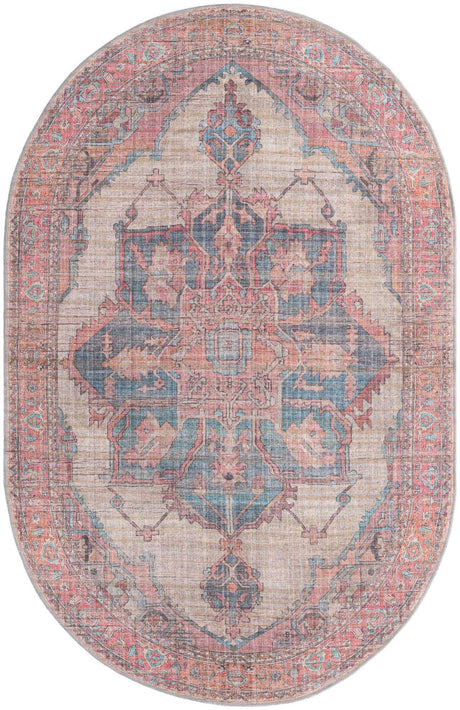 Washable Antique Beige 5' 3 x 8' Nostalgia Oval Area Rug Easy to Clean Stain Resistant & Durable Polyester Chenille Vintage Distressed Carpet for Sale at Rug Engine