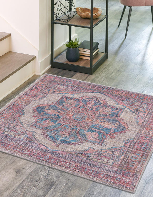 Washable Antique Beige 7' 3 x 7' 3 Nostalgia Square Area Rug Easy to Clean Stain Resistant & Durable Polyester Chenille Vintage Distressed Carpet for Sale at Rug Engine