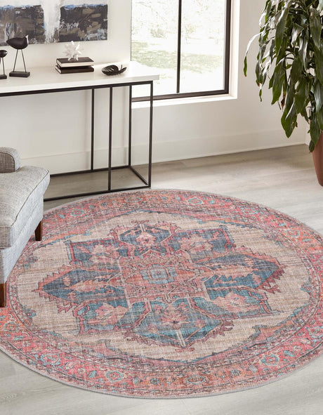 Washable Antique Beige 3' 11 x 3' 11 Nostalgia Round Area Rug Easy to Clean Stain Resistant & Durable Polyester Chenille Vintage Distressed Carpet for Sale at Rug Engine