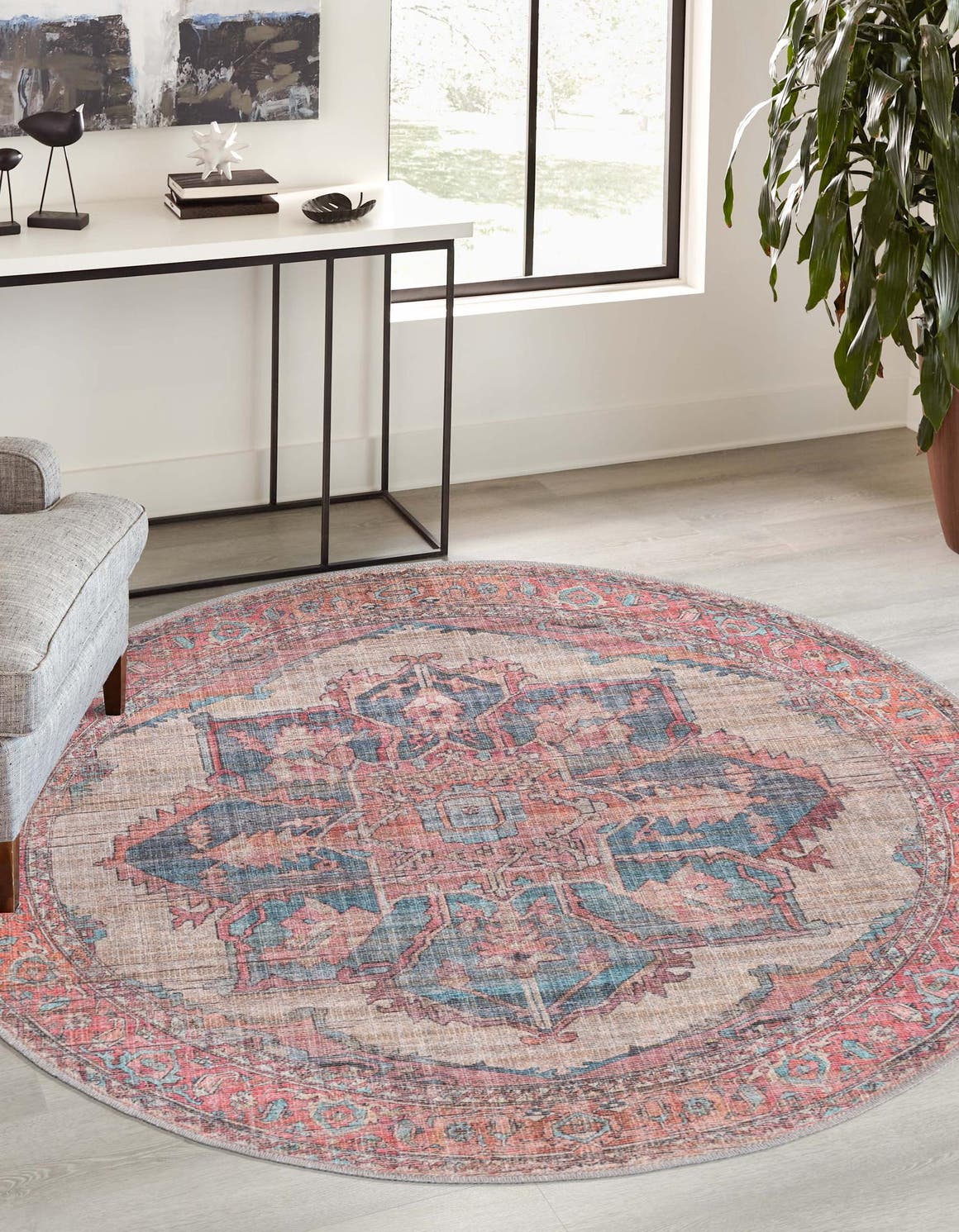 Washable Antique Beige 7' 10 x 7' 10 Nostalgia Round Area Rug Easy to Clean Stain Resistant & Durable Polyester Chenille Vintage Distressed Carpet for Sale at Rug Engine