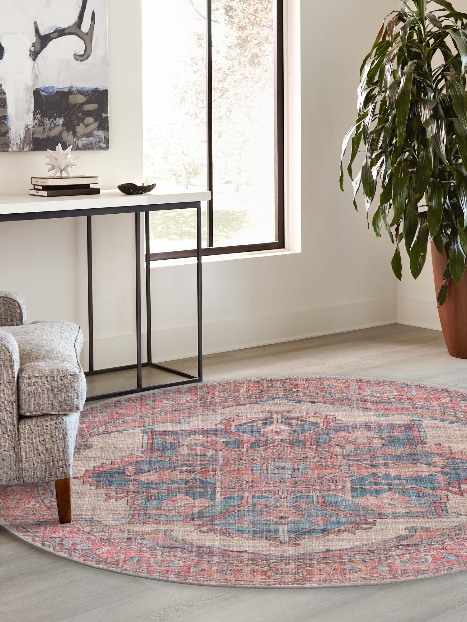 Washable Antique Beige 3' 11 x 3' 11 Nostalgia Round Area Rug Easy to Clean Stain Resistant & Durable Polyester Chenille Vintage Distressed Carpet for Sale at Rug Engine
