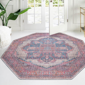 Washable Antique Beige 5' 3 x 5' 3 Nostalgia Octagon Area Rug Easy to Clean Stain Resistant & Durable Polyester Chenille Vintage Distressed Carpet for Sale at Rug Engine