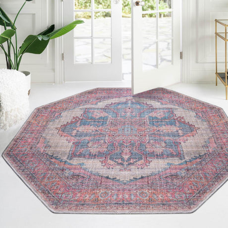 Washable Antique Beige 5' 3 x 5' 3 Nostalgia Octagon Area Rug Easy to Clean Stain Resistant & Durable Polyester Chenille Vintage Distressed Carpet for Sale at Rug Engine