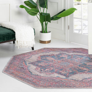 Washable Antique Beige 7' 10 x 7' 10 Nostalgia Octagon Area Rug Easy to Clean Stain Resistant & Durable Polyester Chenille Vintage Distressed Carpet for Sale at Rug Engine