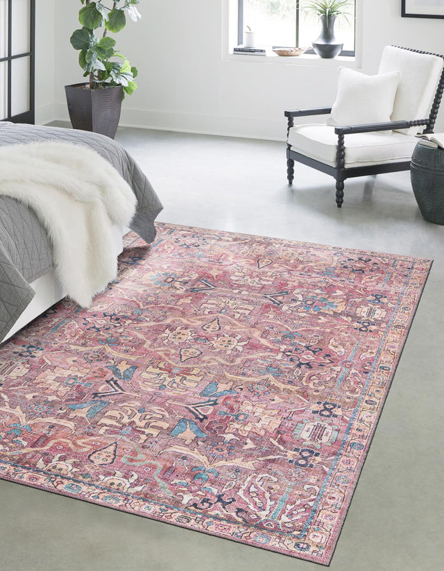 Washable Pink 3' 3 x 5' 3 Nostalgia Rectangle Area Rug Easy to Clean Stain Resistant & Durable Polyester Chenille Vintage Distressed Carpet for Sale at Rug Engine