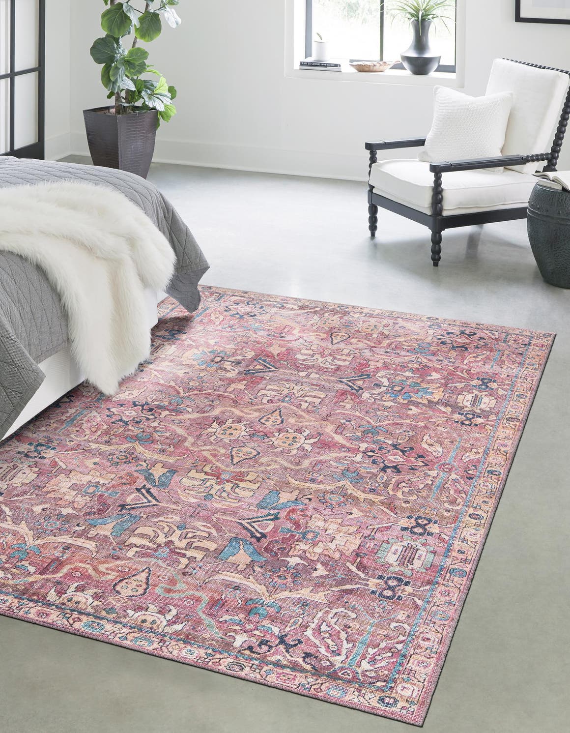 Washable Pink 2' x 3' 1 Nostalgia Rectangle Area Rug Easy to Clean Stain Resistant & Durable Polyester Chenille Vintage Distressed Carpet for Sale at Rug Engine