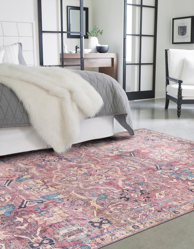 Washable Pink 7' 10 x 10' Nostalgia Rectangle Area Rug Easy to Clean Stain Resistant & Durable Polyester Chenille Vintage Distressed Carpet for Sale at Rug Engine