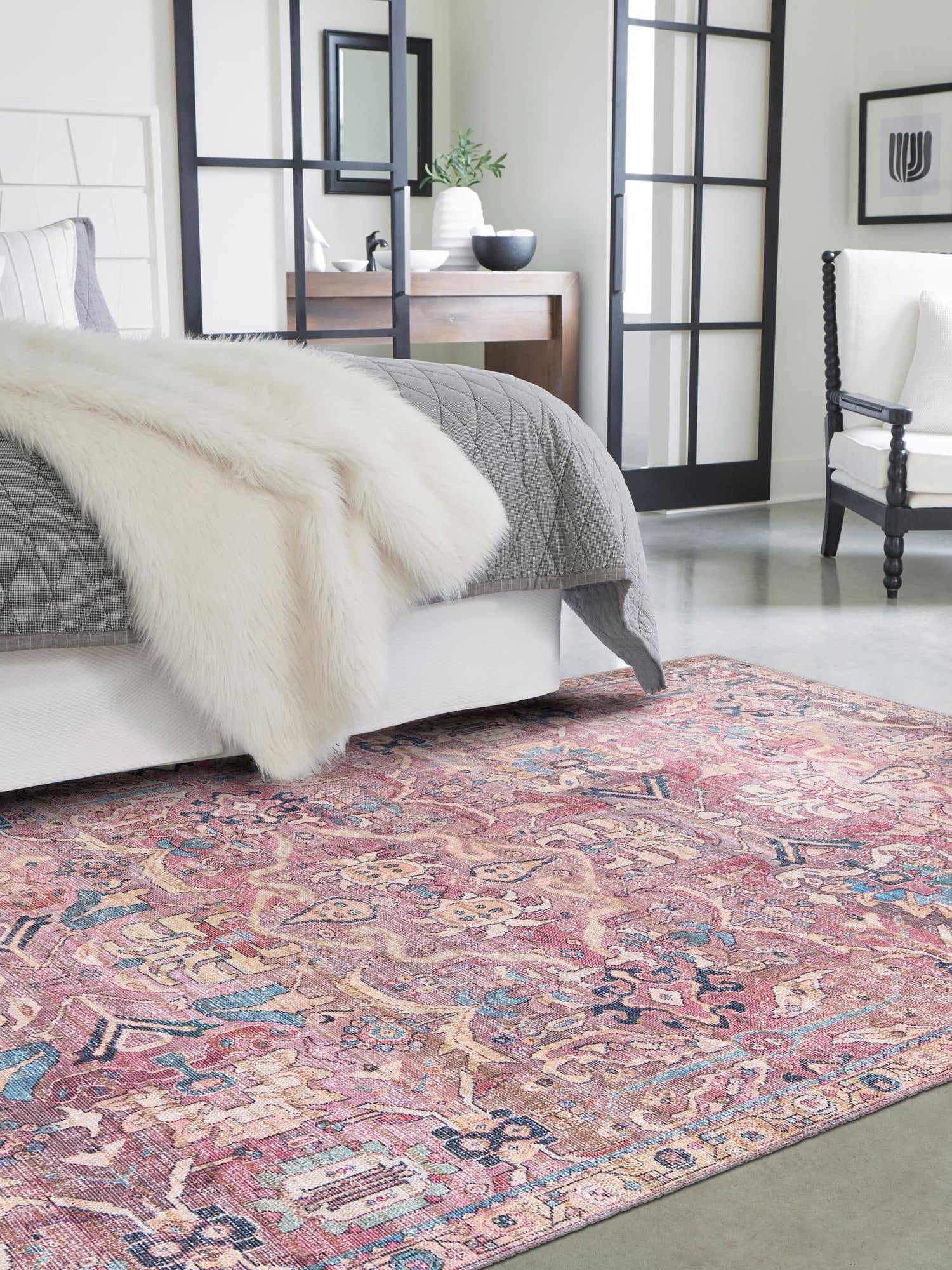 Washable Pink 7' 3 x 10' Nostalgia Rectangle Area Rug Easy to Clean Stain Resistant & Durable Polyester Chenille Vintage Distressed Carpet for Sale at Rug Engine