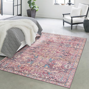 Washable Pink 5' 3 x 8' Nostalgia Rectangle Area Rug Easy to Clean Stain Resistant & Durable Polyester Chenille Vintage Distressed Carpet for Sale at Rug Engine