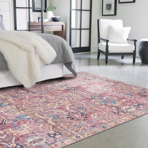 Washable Pink 5' 3 x 8' Nostalgia Rectangle Area Rug Easy to Clean Stain Resistant & Durable Polyester Chenille Vintage Distressed Carpet for Sale at Rug Engine